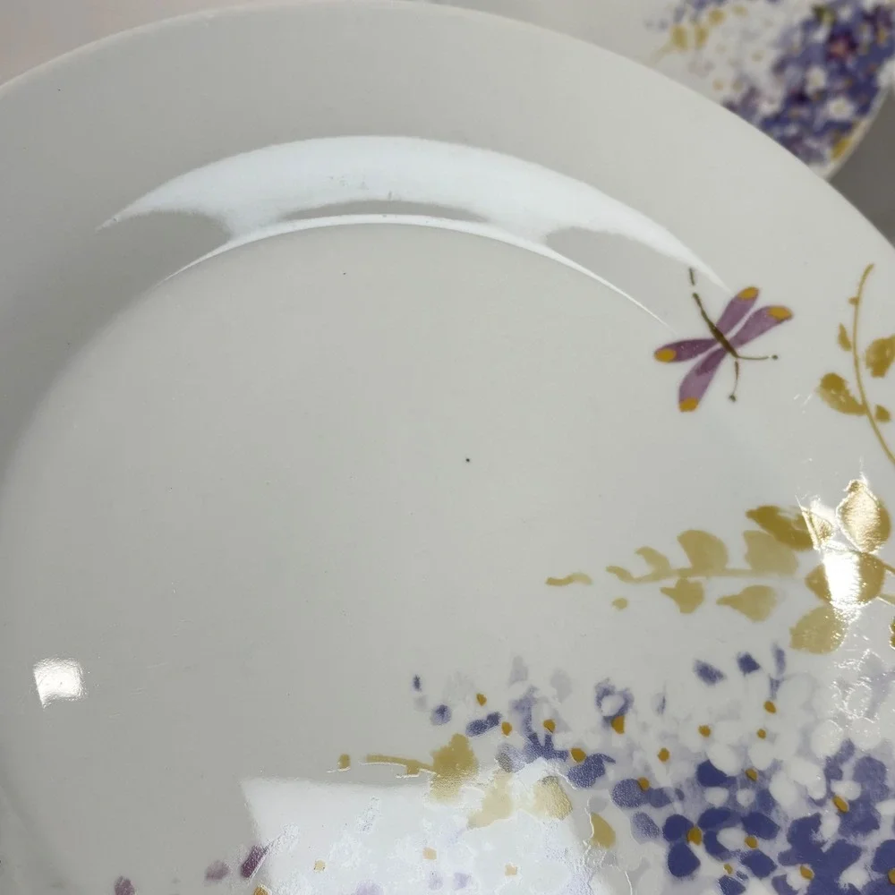 Gibson Everyday Wisteria Dragonfly Dinner Plates Set of 4 Purple Floral 90s